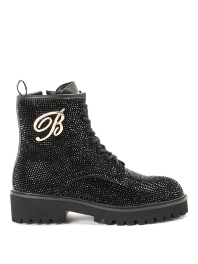 Shop Blumarine Rhinestone Black Leather Ankle Boots