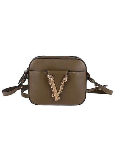 Shop Versace Khaki Green Leather Shoulder Bag