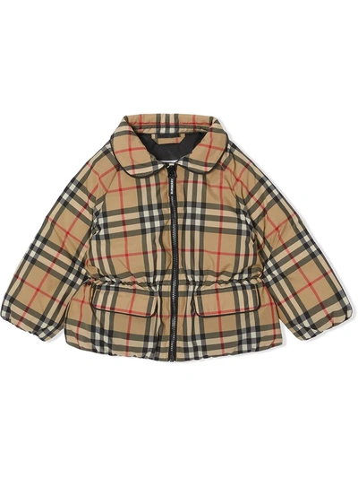 Shop Burberry Vintage Check Down Jacket In Brown