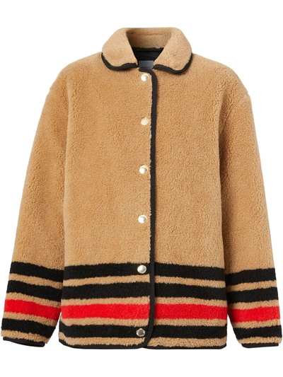 Shop Burberry Striped Fleece Jacket In Neutrals