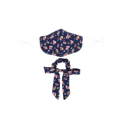 Shop Free People Floral-print Face Mask And Scrunchie Set In Navy