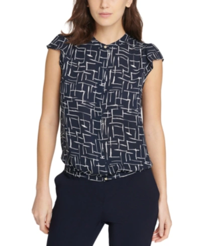 Shop Dkny Printed Cap-sleeve Blouse In Classic Navy Blue/ivory