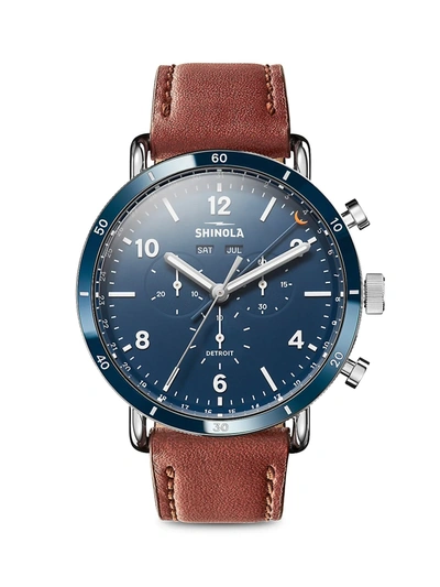 Shop Shinola Canfield Sport Stainless Steel Chronograph Leather Strap Watch In Midnight Blue
