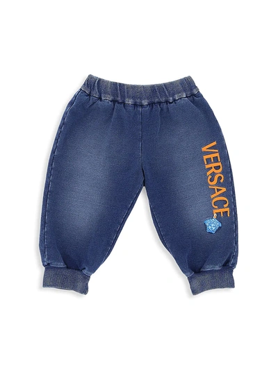 Shop Versace Baby's Denim-print Logo Track Pants In Blue Orange