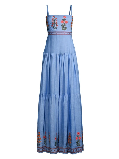 Shop Agua By Agua Bendita The Wallflowers Lima Dahlia Embroidered Maxi Dress In Blue