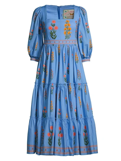Shop Agua By Agua Bendita Women's The Wallflowers Miel Dahlia Embroidered Puff-sleeve Dress In Blue
