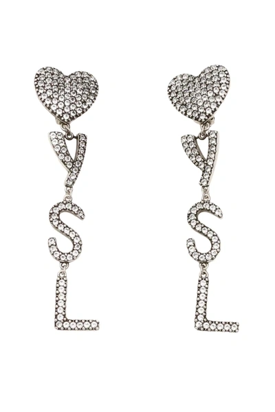Shop Saint Laurent Coeur Ysl Crystal Earrings In Silver