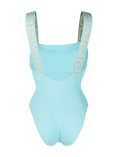 Shop Versace Greca Straps Swimsuit In Blue