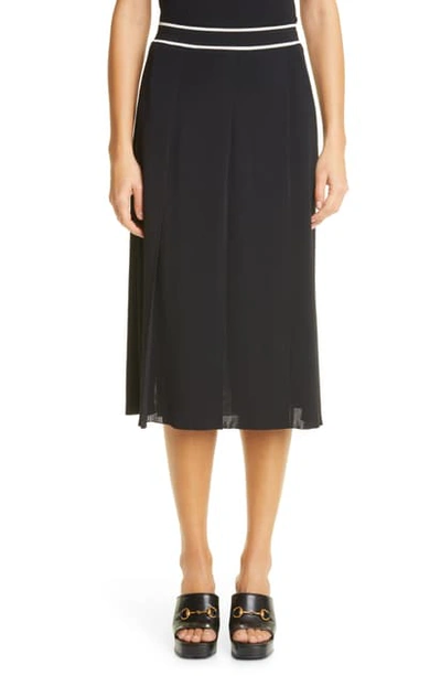 Shop Gucci Mesh Pleat Midi Skirt In Black/ Ivory