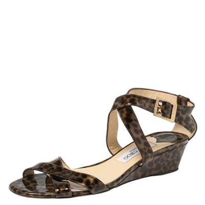 Pre-owned Jimmy Choo Two Tone Leopard Print Patent Leather Chiara Wedge Sandals Size 39 In Brown