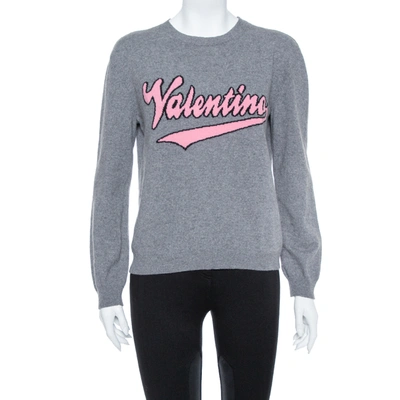 Pre-owned Valentino Grey Cashmere Blend Logo Intarsia Crewneck Sweater M