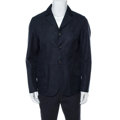 Pre-owned Giorgio Armani Navy Blue Linen & Wool Three Buttoned Jacket Xl