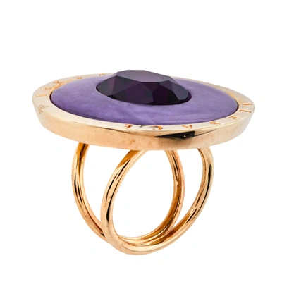 Pre-owned Versace Enamel Crystal Gold Tone Cocktail Ring Size 59 In Purple