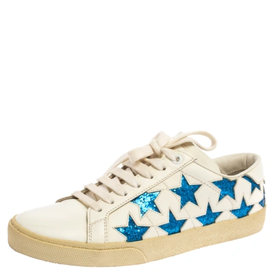 Pre-owned Saint Laurent White/blue Leather And Glitter Court Classic California Sneakers Size 36