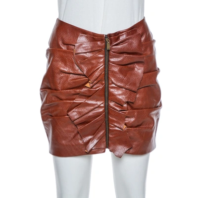 Pre-owned Saint Laurent Brown Leather Ruffle Detail Zip Front Mini Skirt S