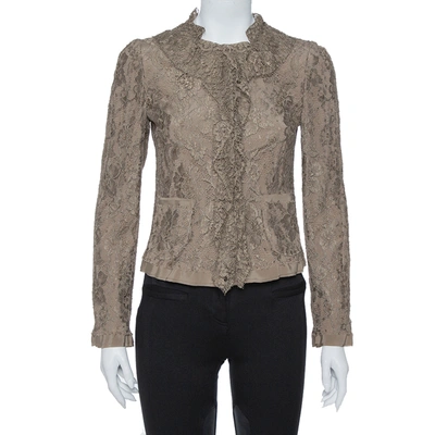Pre-owned Dolce & Gabbana Dolce And Gabbana Olive Green Floral Lace Ruffle Trim Jacket S