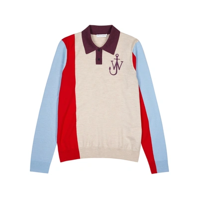 Shop Jw Anderson Colour-blocked Fine-knit Wool Polo Shirt In Beige