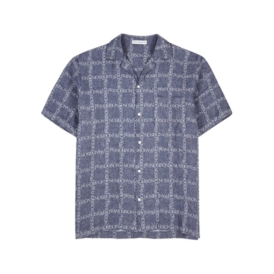 Shop Jw Anderson Navy Logo-print Linen Shirt