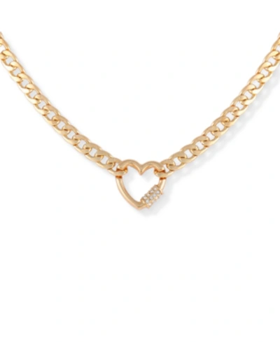 Guess Gold-tone Crystal Heart Charm Necklace, 16" + 2" Extender In Gold