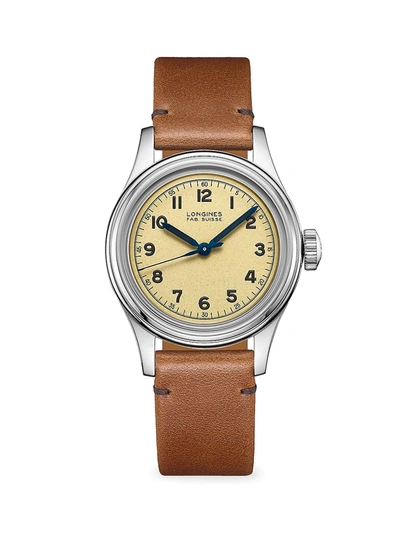 Shop Longines The  Heritage Military Stainless Steel & Leather-strap Watch In Silver Brown