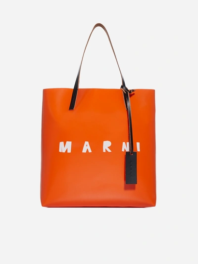 Shop Marni Logo Fabric And Leather Tote Bag