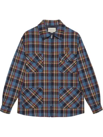 Shop Gucci Tiger Patch Checked Shirt Jacket In Blue