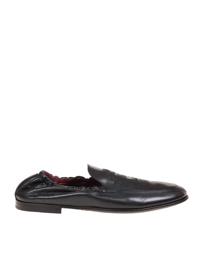 Shop Dolce & Gabbana Leather Slipper With Embroidery In Black