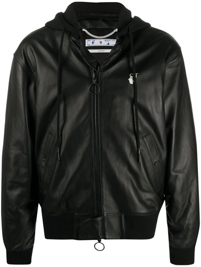 Pre-owned Off-white  New Logo Leather Hooded Bomber Jacket Black/white