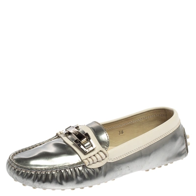 Pre-owned Tod's Silver/white Patent And Leather Logo Buckle Loafers Size 36