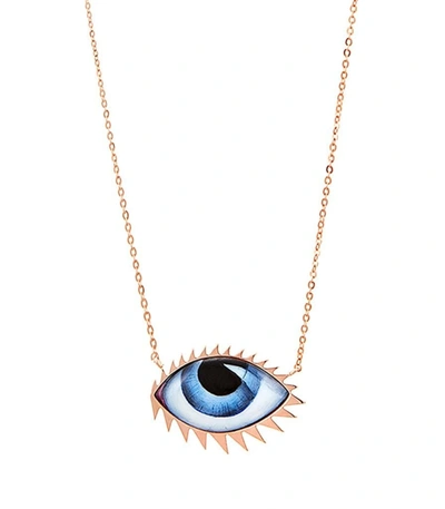 Shop Lito Apollo 13 Grand Bleu Enamel Eye Necklace In Rosegold