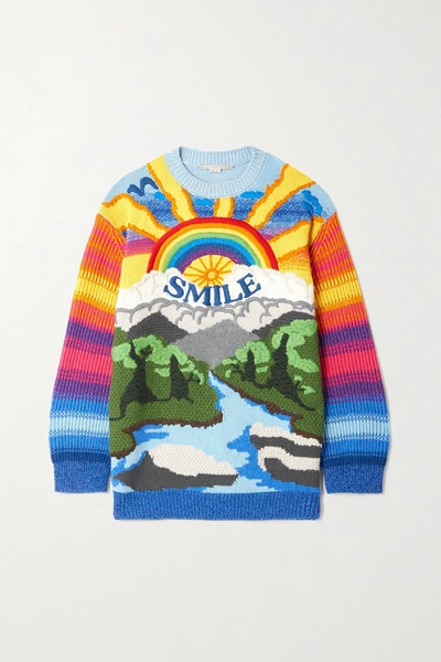 Shop Stella Mccartney Kind Intarsia Wool And Cotton-blend Sweater In Blue