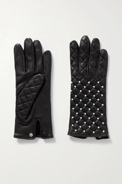 Shop Agnelle Chloe Faux Pearl-embellished Quilted Leather Gloves In Black