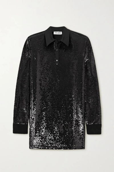 Shop Attico Satin-trimmed Sequined Jersey Mini Shirt Dress In Black