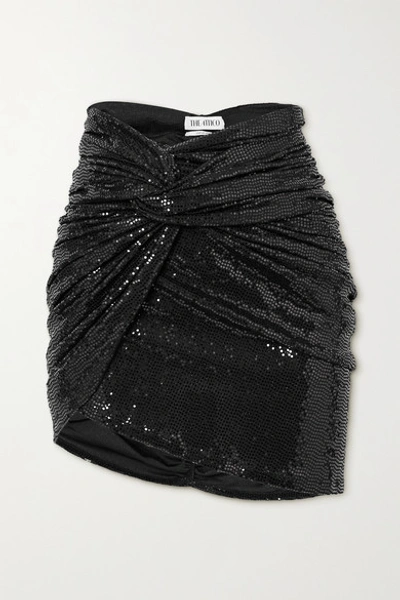 Shop Attico Asymmetric Draped Sequined Jersey Mini Skirt In Black