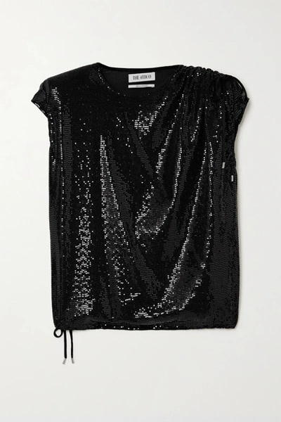 Shop Attico Draped Sequined Jersey Top In Black