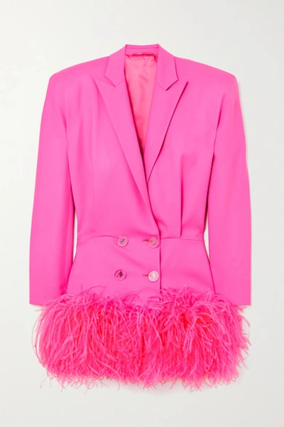 Shop Attico Feather-trimmed Wool-blend Twill Mini Dress In Pink