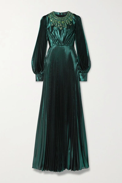 Shop Andrew Gn Crystal-embellished Pleated Silk-blend Lamé Gown In Dark Green