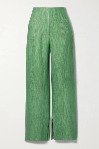 Shop Nanushka Tabbie Metallic Plissé-crepe Straight-leg Pants In Green