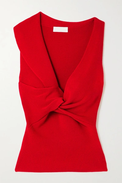 Shop Alexander Mcqueen Twist-front Ribbed Wool Top In Red