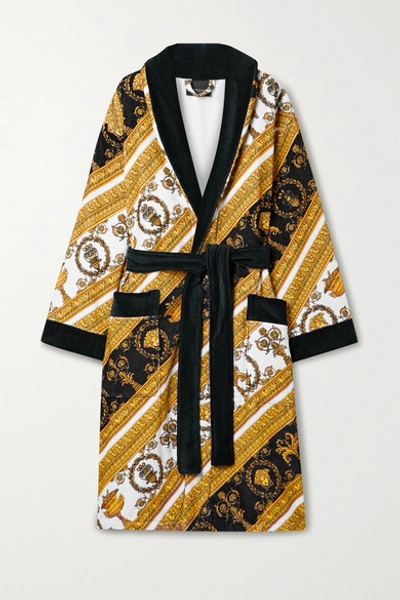 Shop Versace Printed Cotton-terry Robe In Yellow