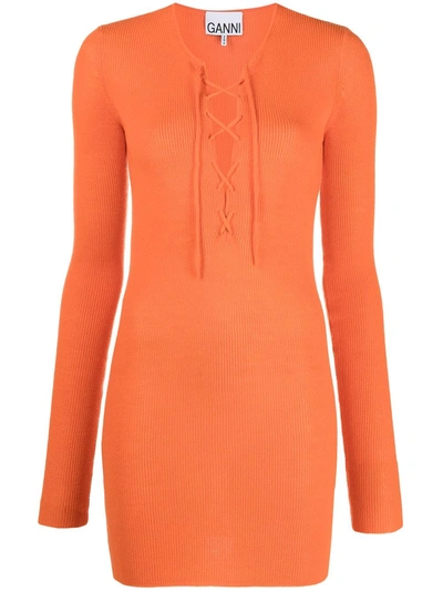 Shop Ganni Lace-up Merino Top In Orange