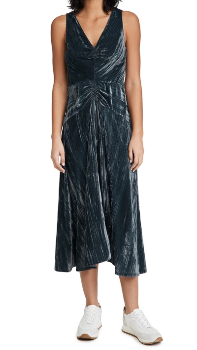 Shop Vince Ruched Paneled V Neck Dress In Azure