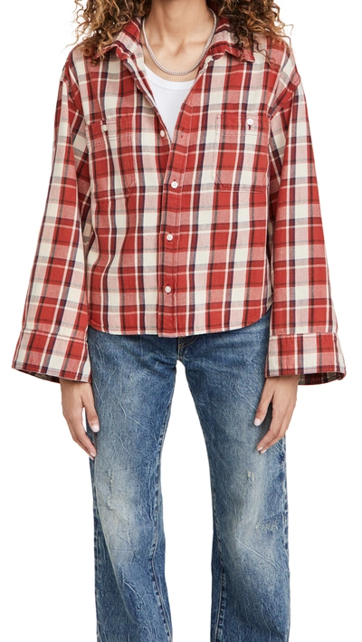 Shop R13 Oversized Sleeve Cropped Shirt In Red Plaid