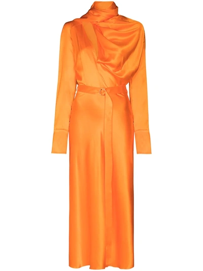 Shop Materiel Drape-detail Belted Midi Dress In Orange
