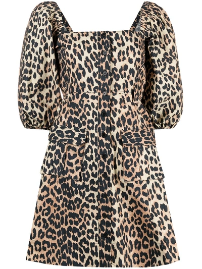 Shop Ganni Leopard-print Puff-sleeve Flared Dress In Neutrals