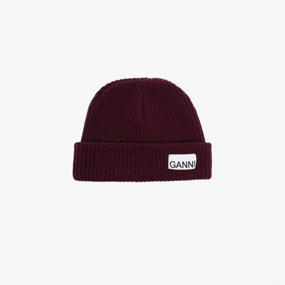 Shop Ganni Red Logo Patch Beanie Hat