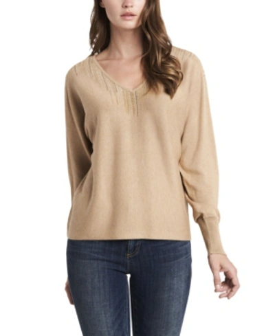 Shop Vince Camuto Women's Embellished V-neck Dolman Sleeve Sweater In Latte Heather