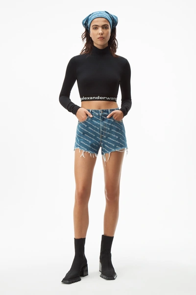 Alexander Wang All-over Logo Printed Denim Shorts In Deep Blue/white
