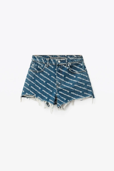 Alexander Wang All-over Logo Printed Denim Shorts In Deep Blue/white