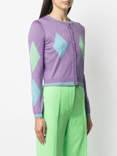 Shop Versace Argyle Intarsia-knit Silk Cardigan In Purple